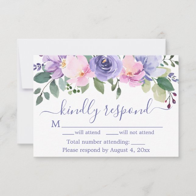 Cartão De Agradecimento Placa RSVP de Casamento Floral de Mola d'Água Púrp (Frente)
