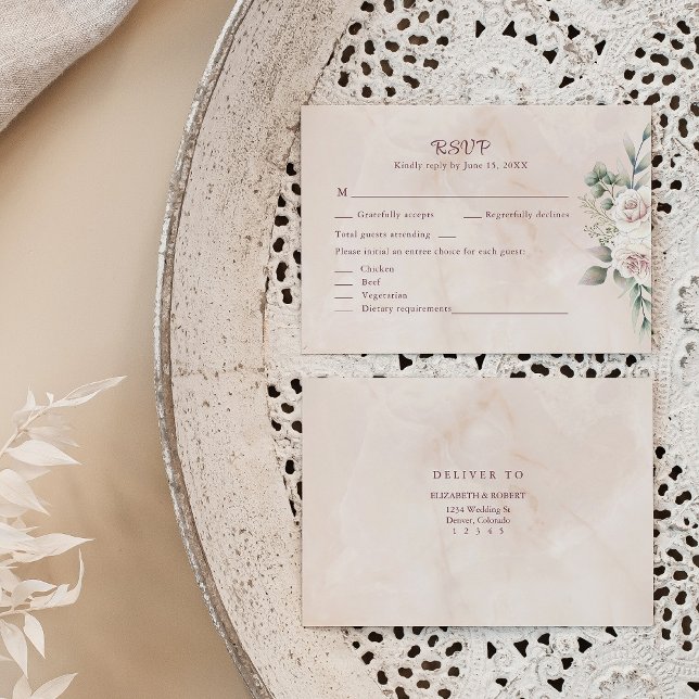 Cartão De Agradecimento Placa RSVP de Casamento Floral Rosa Boho Blush (Boho Blush Pink Floral Wedding RSVP Card on a neutral boho wedding table.)