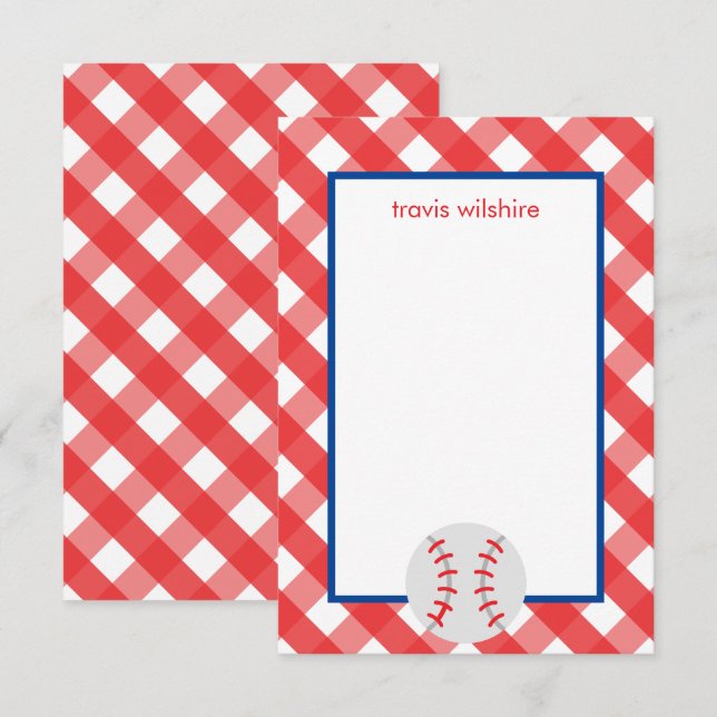 Cartão De Agradecimento Placas de Nota Personalizadas Gingham Baseball (Frente/Verso)