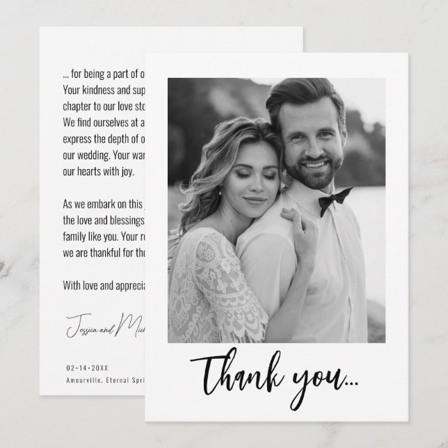 Cartão De Agradecimento 💍Plano Minimalista Elegante com foto (Frente/Verso)