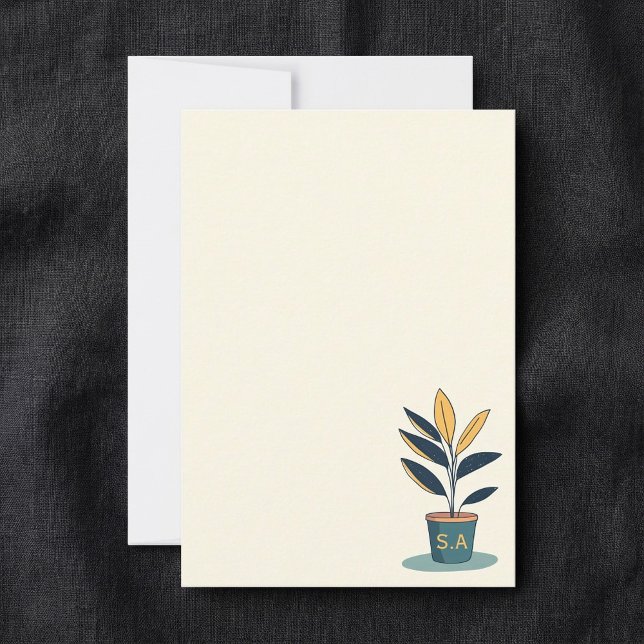 Cartão De Agradecimento Planta de caserna, iniciais de monograma (Potted house plant, monogram initials thank you card.)
