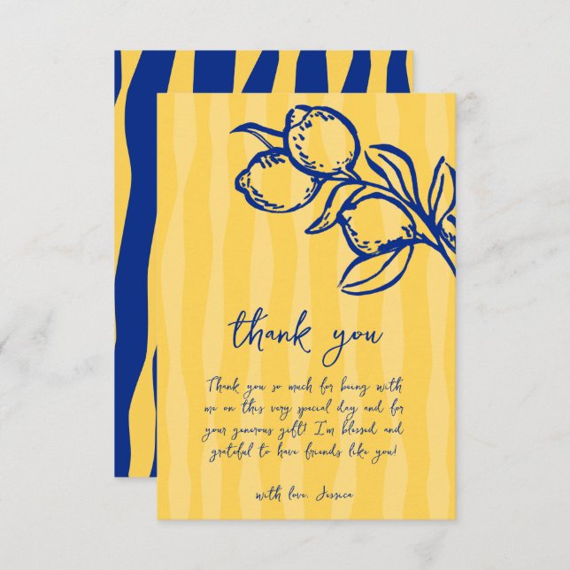 Cartão De Agradecimento Playful Italian Blue Lemon & Stripes Bridal Shower (Frente/Verso)