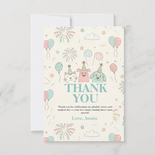 Cartão De Agradecimento Playful Sweet and Three Kids Birthday Invitation (Frente)