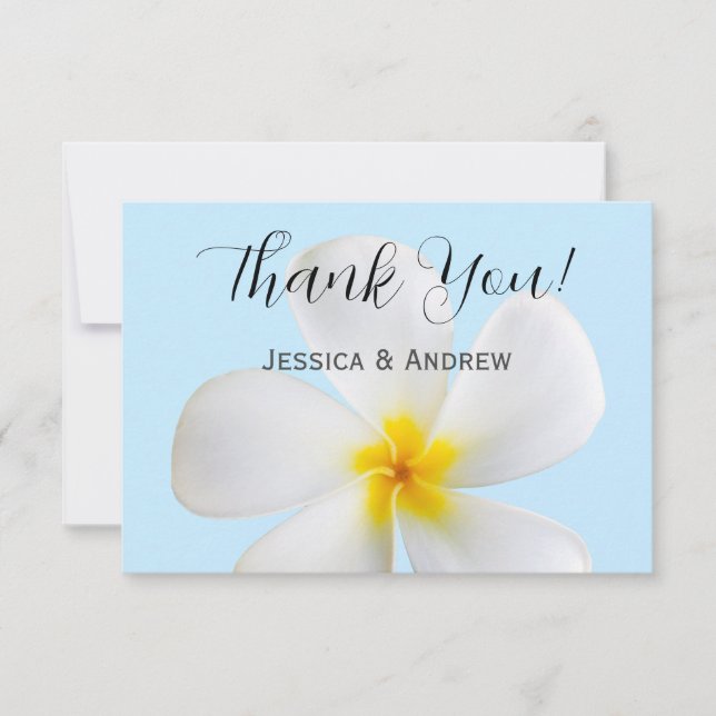 Cartão De Agradecimento Plumeria Branca em Azul, Tropical, Floral (Frente)