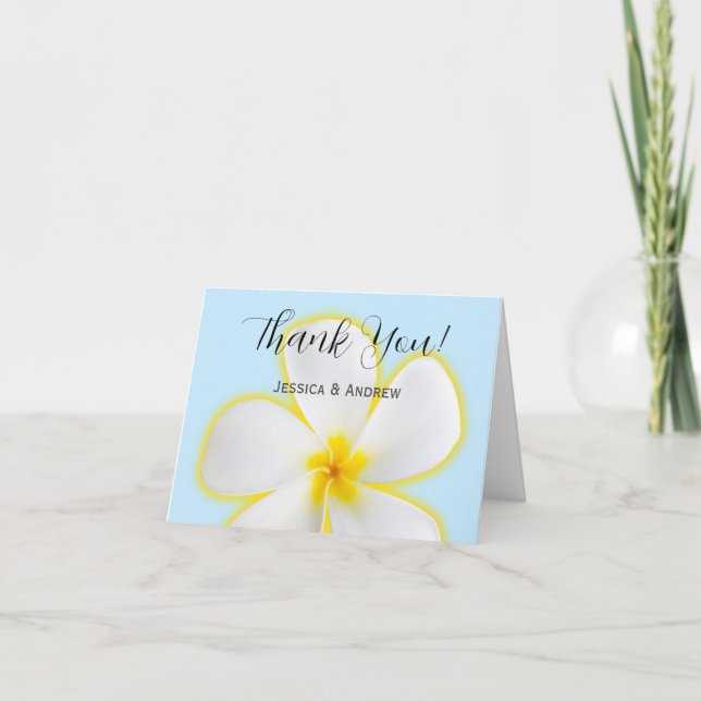 Cartão De Agradecimento Plumeria Tropical, Branca e Amarela, Casamento Flo (Frente)