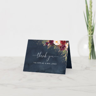 Cartão De Agradecimento Pó de Ouro Casamento Floral Burgundy Navy