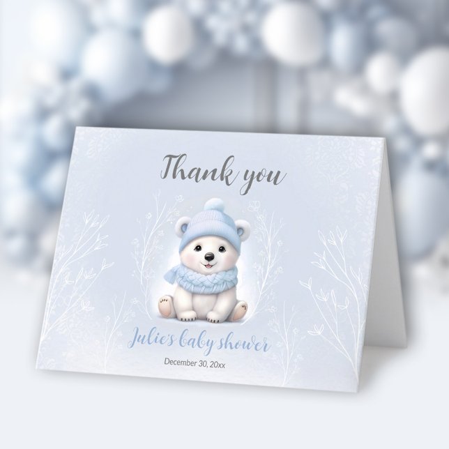 Cartão De Agradecimento Podemos Esperar Chá de fraldas Azul Do Urso Polar (We Can Bearly Wait Blue Polar Bear Baby Shower Thank You Card)