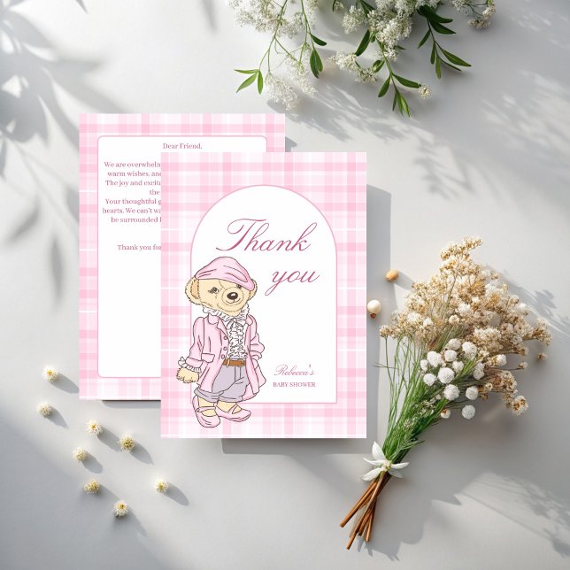 Cartão De Agradecimento Podemos esperar muito xadrez clássico rosa (We can bearly wait pink classic plaid cute teddy bear baby shower thank you cards)