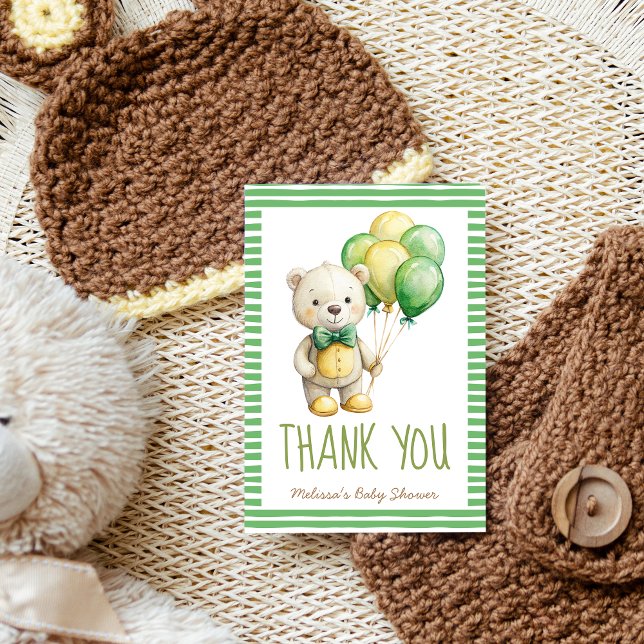 Cartão De Agradecimento Podemos esperar um ursinho bonitinho. (We can bearly wait cute teddy bear sage green yellow baby shower thank you cards handwriting font )