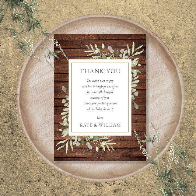Cartão De Agradecimento Poema Chá de fraldas Rustic Wood Greenery (Rustic Wood Greenery Baby Shower Poem Thank You Card)