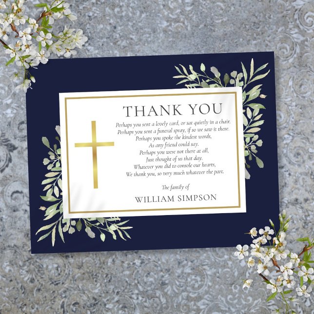 Cartão De Agradecimento Poema Funerário Cristão Verde Azul Marinho (Navy Blue Greenery Christian Funeral Poem Thank You Card)