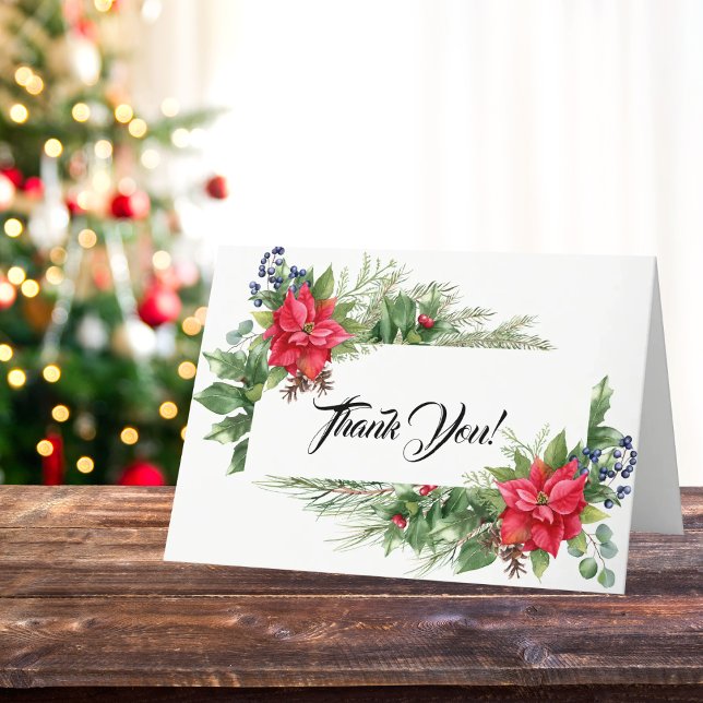 Cartão De Agradecimento Poinsettia de Natal Vermelha e Verde (Festive gratitude! Christmas Baby Shower Thank You Card with poinsettias and greenery.)