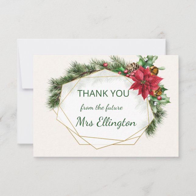 Cartão De Agradecimento Poinsettia, Holly, pine Natal Obrigado (Frente)