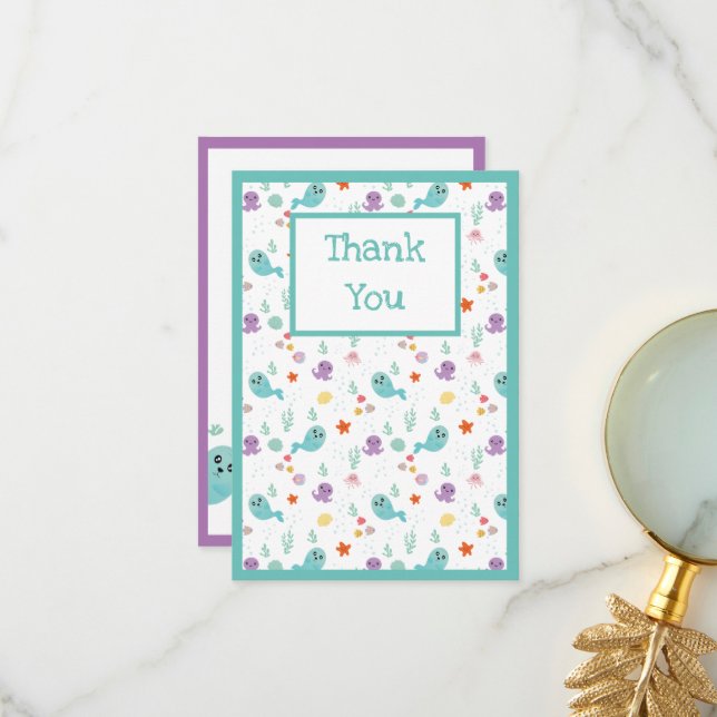 Cartão De Agradecimento Polvo de Peixe Bonito Menino Verde (Frente/Verso In Situ)