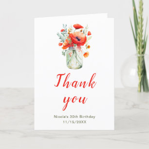 Cartão De Agradecimento Poppies vermelhos Mason Jar Birthday