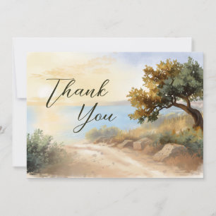 Cartão De Agradecimento Pôr do Sol Aquarela Costa Casamento Mediterrâneo