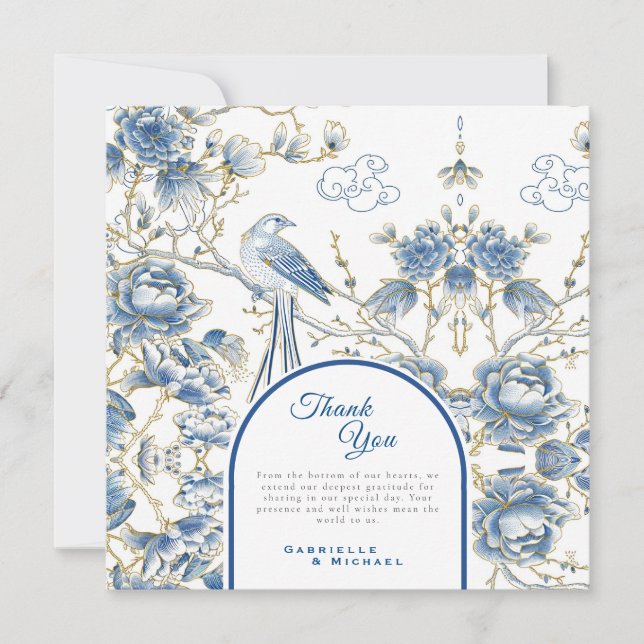 Cartão De Agradecimento Porcelana Floral Delft Azul Chinoiserie Casamento (Frente)