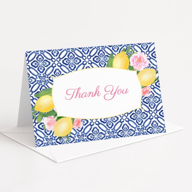 Cartão De Agradecimento Positano Azulejo Azul Limão Chá de panela Floral R (Positano lemons and pink flowers baby girl shower thank you card)