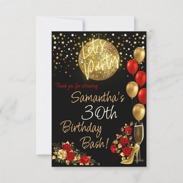 Cartão De Agradecimento Poster de Aniversário Vermelho e Dourado (Frente)