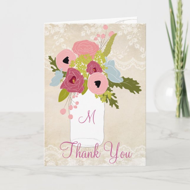 Cartão De Agradecimento Pote de Pedra com Renda de Sarja País Obrigado Cas (Frente)