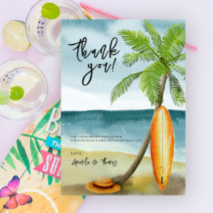Cartão De Agradecimento Prancha de surf aquarela na praia - obrigado
