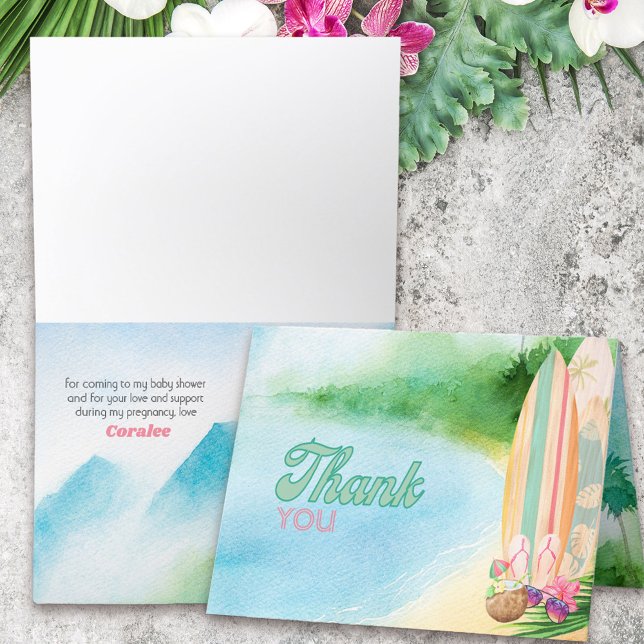 Cartão De Agradecimento Pranchas na praia Watercolor Summer Luau (Thank you card with Watercolor beach scene and surfboards from my Surfing Collection)