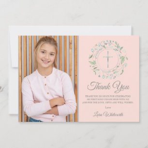 Cartão De Agradecimento Prata de Fotografias Rosa Blush da Primeira Comunh