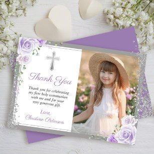 Cartão De Agradecimento Prata Floral Roxa Foto Santa da Primeira Comunhão