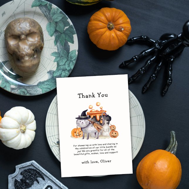 Cartão De Agradecimento Preparando o Pequeno Gato Boo no Chapéu de Bruxa p (Brewing Little Boo Cat In Witch Hat Baby Shower Thank You Card)