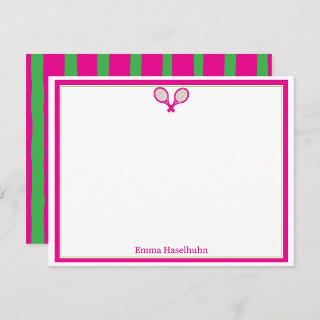 Cartão De Agradecimento Preppy Pink & Green Tennis Flat Card Stationary  (Frente/Verso)
