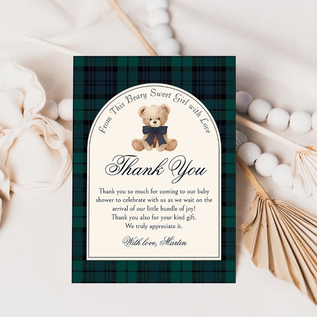Cartão De Agradecimento Preppy Plaid Teddy Bear Birthday Thank You Card (Criador carregado)