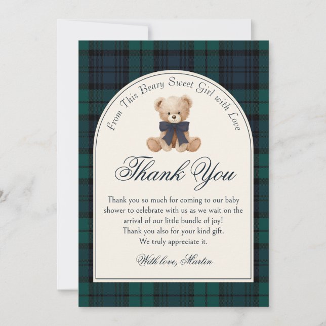 Cartão De Agradecimento Preppy Plaid Teddy Bear Birthday Thank You Card (Frente)