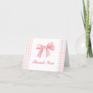 Cartão De Agradecimento Preppy Rosa Laço Gingham Coquette Aniversário