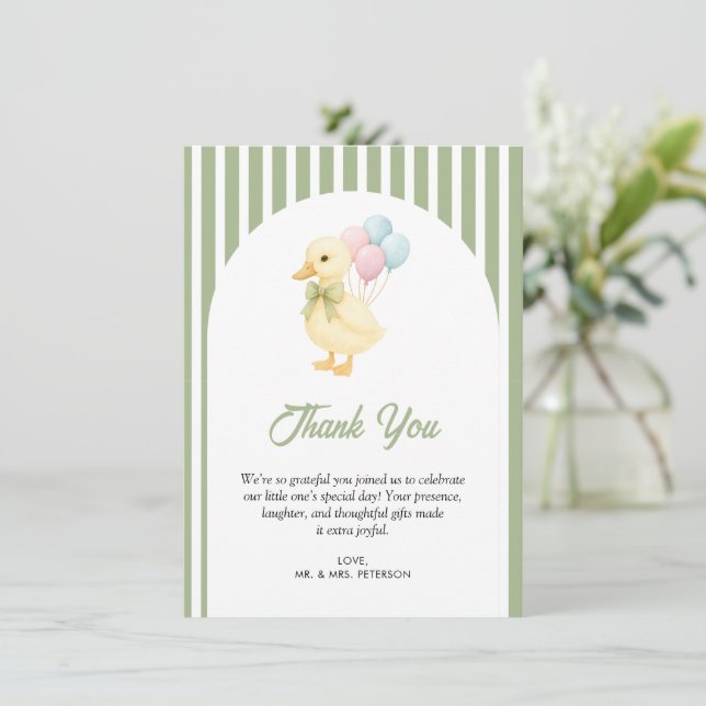 Cartão De Agradecimento Preppy Stripes Cute Duck Theme Kids Birthday Party (Em pé/Frente)