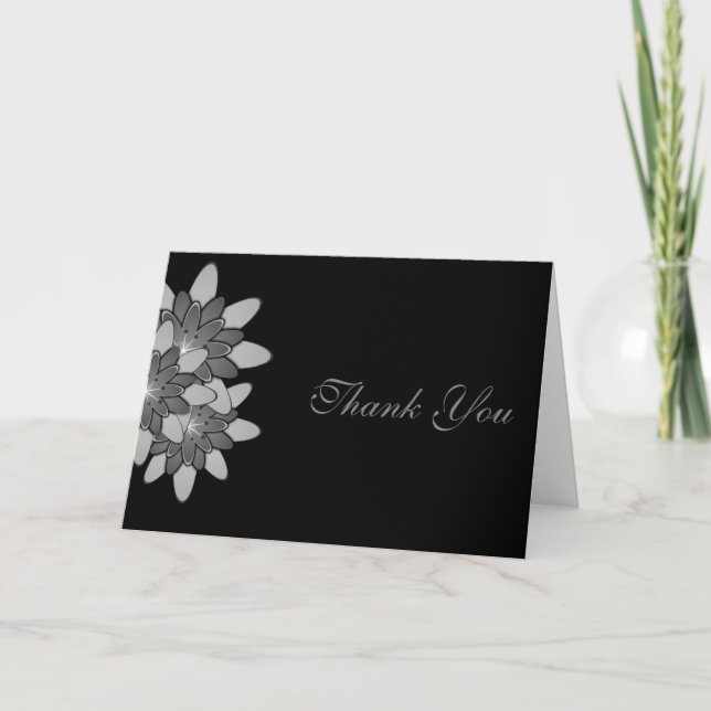 Cartão De Agradecimento Preto com Cinza e Lotus Floral Silver Obrigado (Frente)