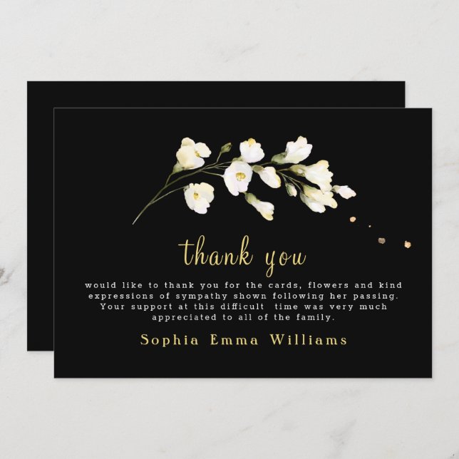 Cartão De Agradecimento Preto com Flores Brancas Floral (Frente/Verso)
