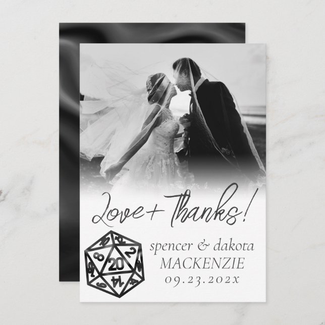 Cartão De Agradecimento Preto D20 - Crit | Tabletop Gamer Dice Wedding Pho (Frente/Verso)
