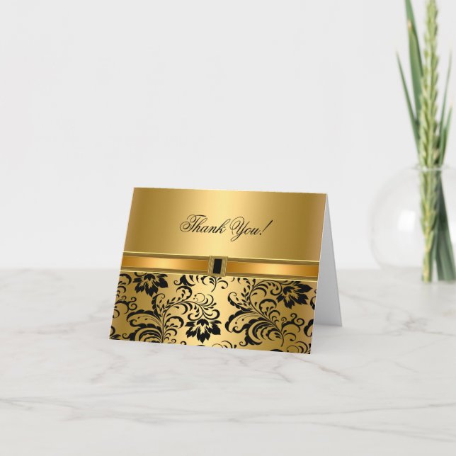 Cartão de Agradecimento Preto Dourado Damask (Frente)