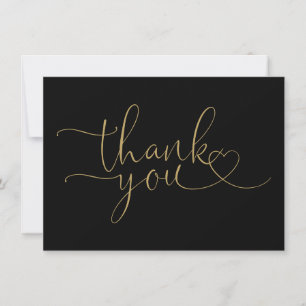 Cartão De Agradecimento Preto E Dourado Elegante Coração Script