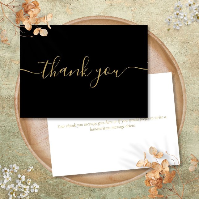 Cartão De Agradecimento Preto e Dourado Script Simples Moderno Elegante (Black And Gold Simple Modern Elegant Script Thank You Card)