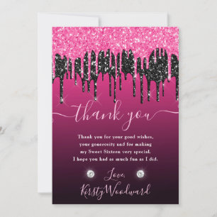Cartão De Agradecimento Preto e Rosa Gotejando Glitter Sweet 16