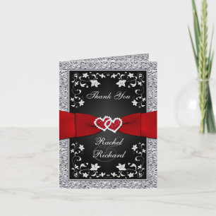 Cartão De Agradecimento Preto Silver Red Floral Hearts FAUX Foil Obrigado