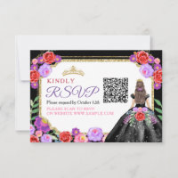 Preto veste Quinceañera QR RSVP Card mexicano