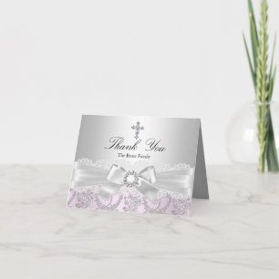 Cartão De Agradecimento Pretty Bow & Cross Baptism Thank You Card
