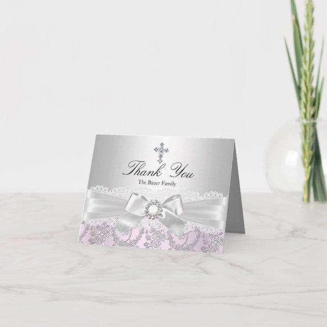 Cartão De Agradecimento Pretty Bow & Cross Baptism Thank You Card (Frente)