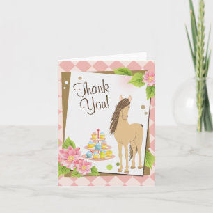 Cartão De Agradecimento Pretty Brown Horse, Pink Flowers and Cupcakes