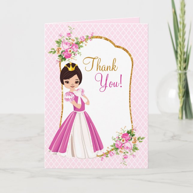 Cartão De Agradecimento Pretty Brunette Princess Birthday Thank You Card (Frente)