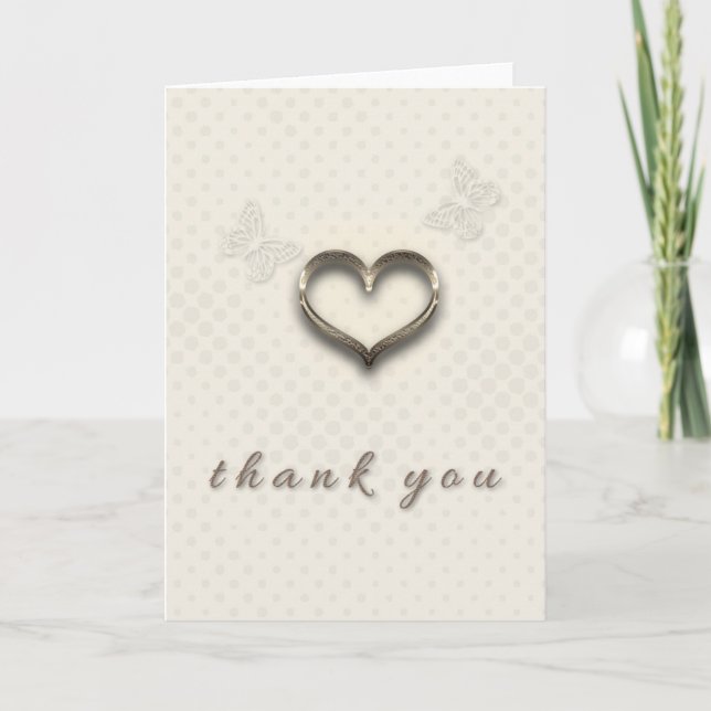 Cartão De Agradecimento Pretty Gold Heart Butterflies Cream Thank you Card (Frente)