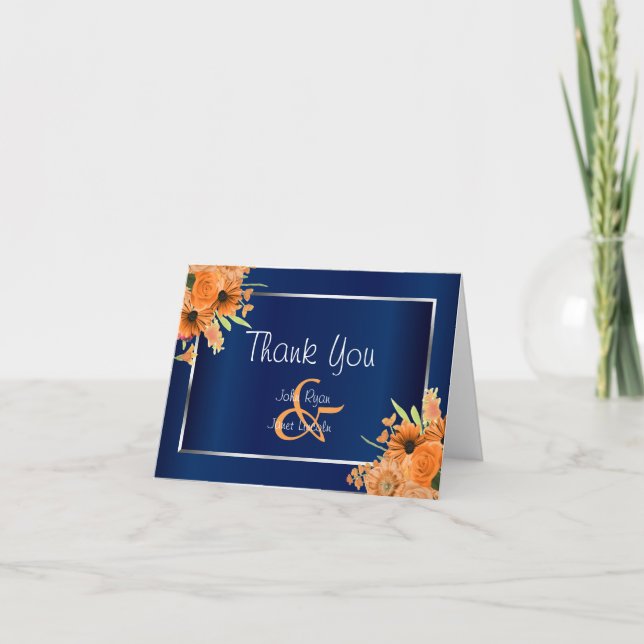 Cartão De Agradecimento Pretty Orange Flowers on Navy Blue  - Thank You (Frente)