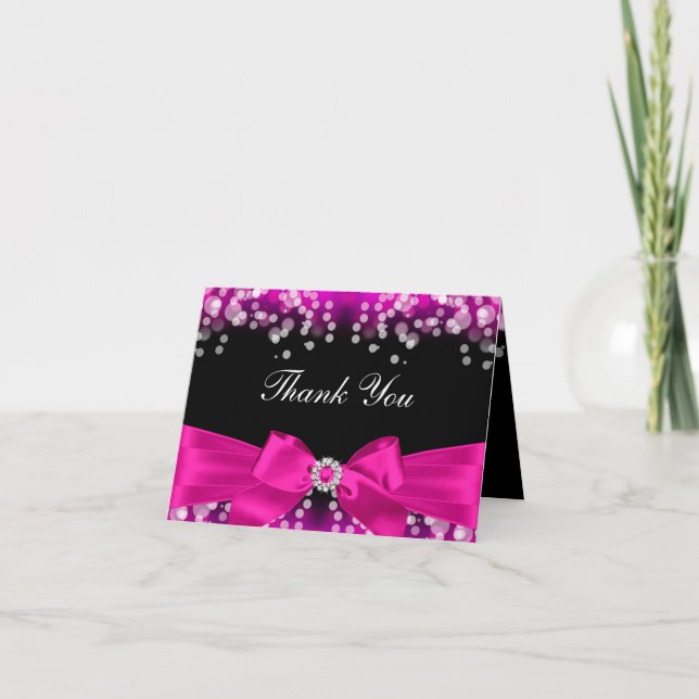 Cartão De Agradecimento Pretty Pink Bow & Sparkle Thank You Card (Frente)
